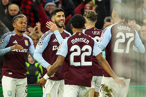 UCL 2024-25, Aston Villa vs Club Brugge: Aston Villa's Marco Asensio celebrates with teammates after scoring opening goal