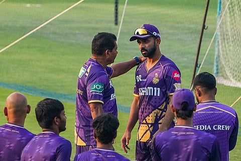 IPL 2025, KKR training session: KKR coach Chandrakant Pandit with captain Ajinkya Rahane