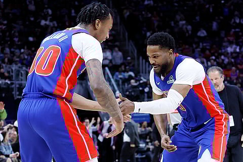 NBA 2024-25, Wizards vs Pistons: Pistons forward Ronald Holland II celebrates with guard Malik Beasley