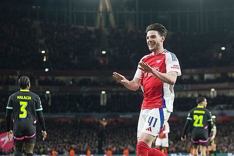 UCL 2024-25, Arsenal vs PSV: Arsenal's Declan Rice celebrates after scoring his side's second goal