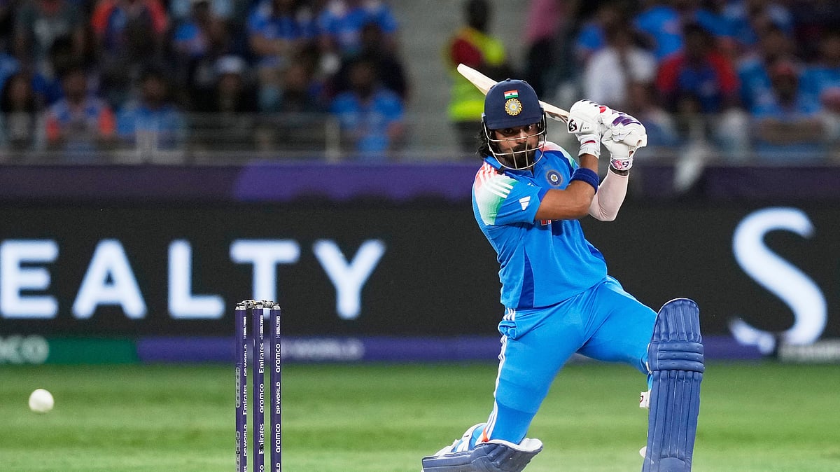 India's KL Rahul plays a shot during the ICC Champions Trophy final cricket match between India and New Zealand at Dubai International Cricket Stadium in Dubai. - AP Photo/Altaf Qadri