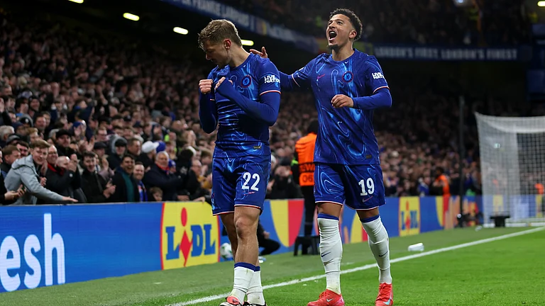 Jadon Sancho and Kiernan Dewsbury-Hall celebrate the latter's goal on Thursday - null