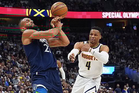 NBA 2024-25, Timberwolves vs Nuggets: Timberwolves center Rudy Gobert struggles to control the ball