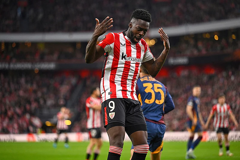 Europa League 2024-25 soccer AS Roma vs Athletic Bilbao_ Inaki Williams reacts