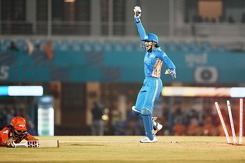 WPL 2025 play-off, MI vs GG: Mumbai Indians' wicket-keeper Yastika Bhatia celebrates a wicket