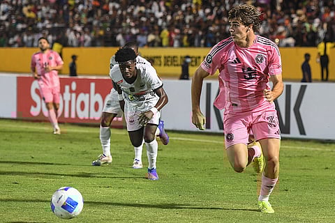 CONCACAF Champions Cup: Inter Miami forward Benjamin Cremaschi runs past Shamar Watson of Jamaica's Cavalier