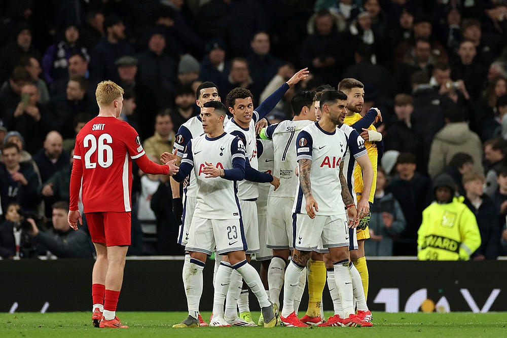 | Photo: AP/Ian Walton : Europa League 2024-25, Tottenham Vs AZ: Tottenham's players celebrate after winning the match
