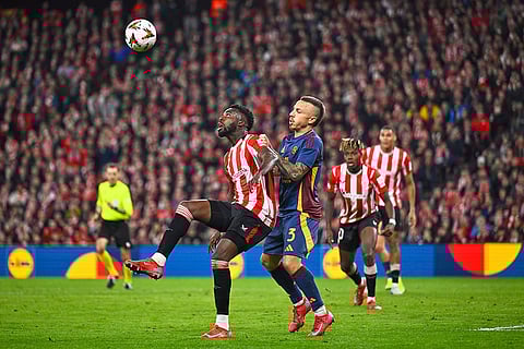 Europa League 2024-25: Athletic Bilbao's Inaki Williams challenges for the ball with Roma's Angelino