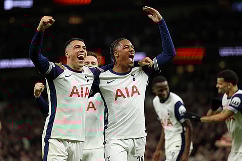 Europa League 2024-25, Tottenham Vs AZ: Tottenham's scorer Wilson Odobert celebrates with Pedro Porro after scoring his second goal