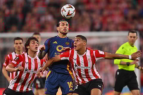 Europa League 2024-25: Athletic Bilbao's Maroan Sannadi, centre, challenges for the ball