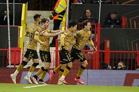 Europa League 2024-25: Real Sociedad's players celebrate after scoring a goal