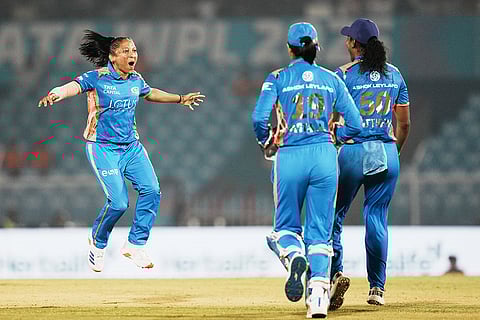 WPL 2025 play-off, MI vs GG: Mumbai Indians' bowler Shabnim Ismail celebrates after the wicket of Gujarat Giants' batter Beth Mooney