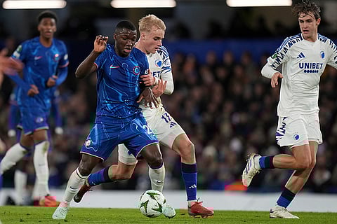 Conference League 2024-25: Copenhagen's Victor Froholdt and Chelsea's Moises Caicedo challenge for the ball