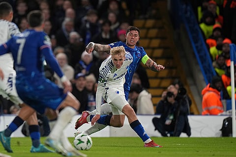 Conference League 2024-25: Chelsea's Enzo Fernandez, right, crosses the ball