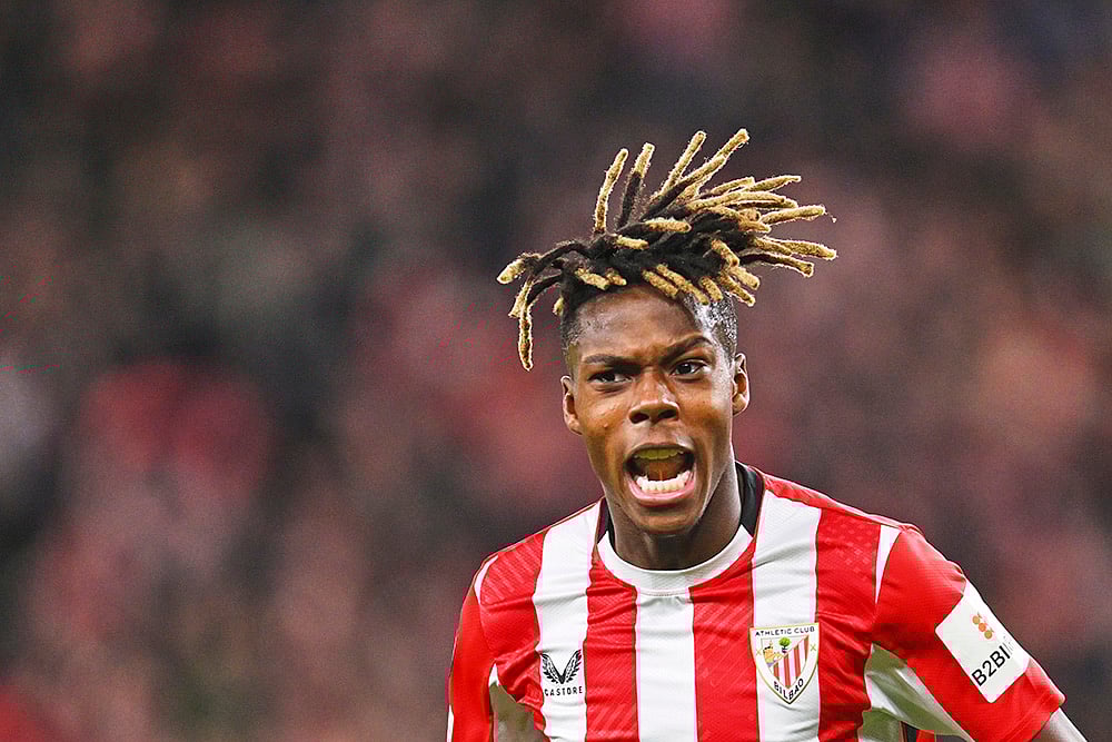 | Photo: AP/Miguel Oses : Europa League 2024-25: Athletic Bilbao's Nico Williams celebrates after scoring his side's third goal