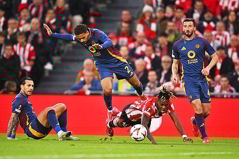 Europa League 2024-25: Athletic Bilbao's Nico Williams challenges for the ball with Roma's Devyne Rensch