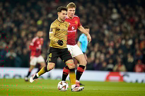 Europa League 2024-25: Real Sociedad's Martin Zubimendi and Manchester United's Rasmus Hojlund challenge for the ball