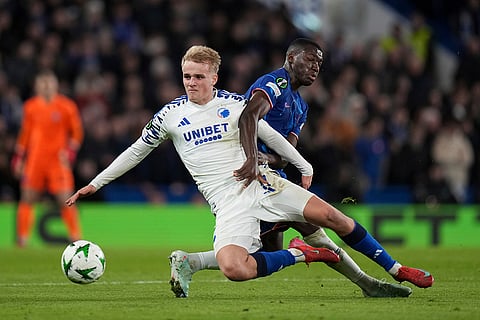 Conference League 2024-25: Copenhagen's Victor Froholdt and Chelsea's Moises Caicedo challenge for the ball