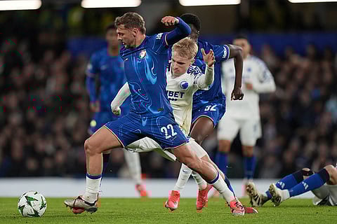 Conference League 2024-25: Chelsea's Kiernan Dewsbury-Hall and Copenhagen's Victor Froholdt challenge for the ball