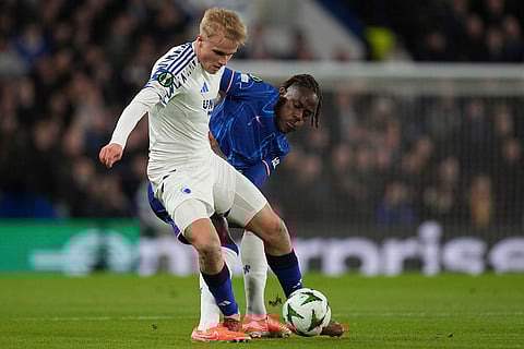 Conference League 2024-25: Copenhagen's Victor Froholdt and Chelsea's Trevoh Chalobah challenge for the ball