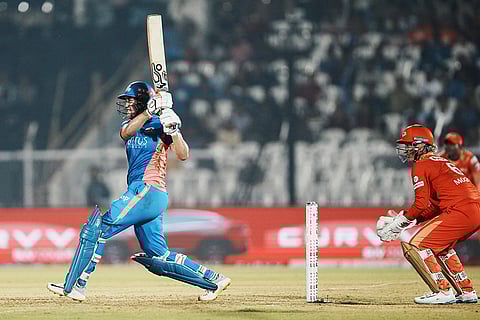 WPL 2025 play-off, MI vs GG: Mumbai Indians' batter Nat Sciver-Brunt plays a shot