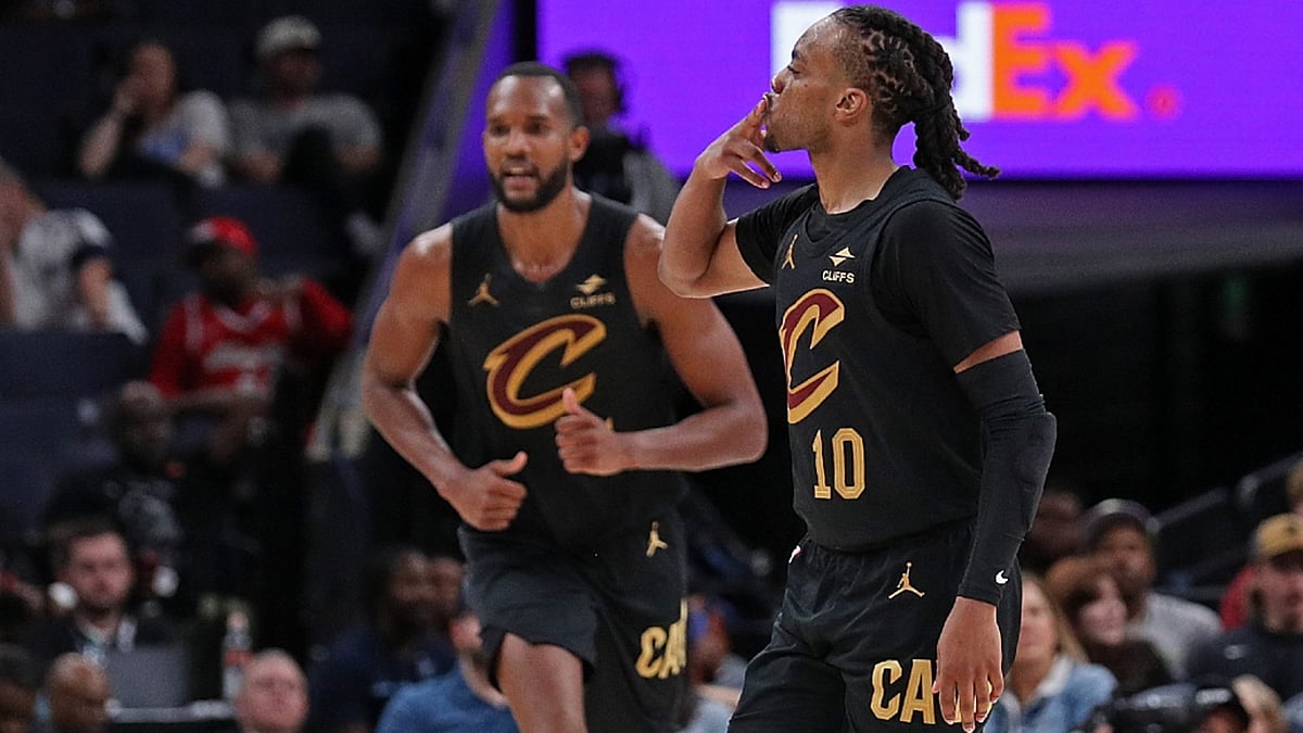 Darius Garland of the Cleveland Cavaliers celebrates