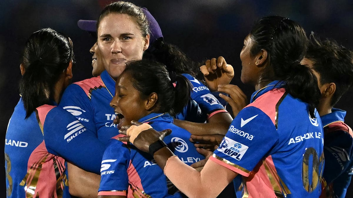 Mumbai Indians' Nat Sciver-Brunt celebrates with team-mates