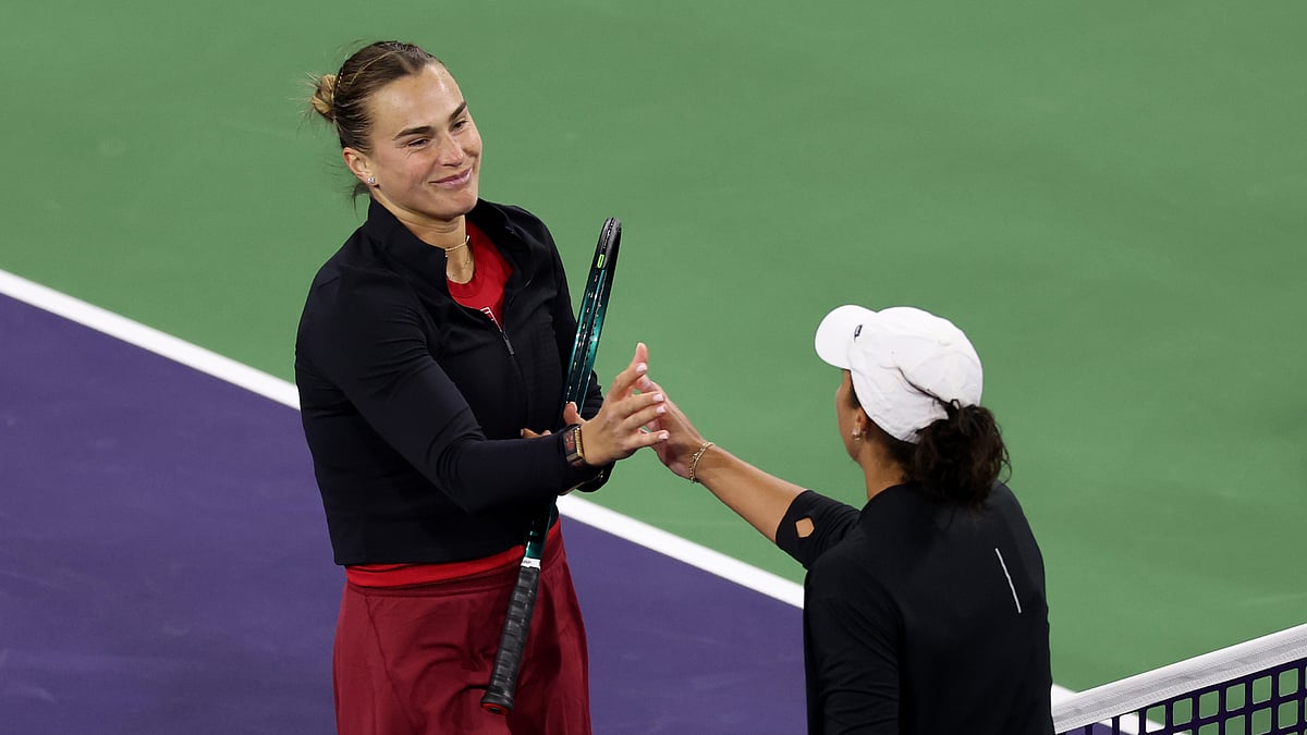 Aryna Sabalenka celebrates her win over Madison Keys at Indian Wells