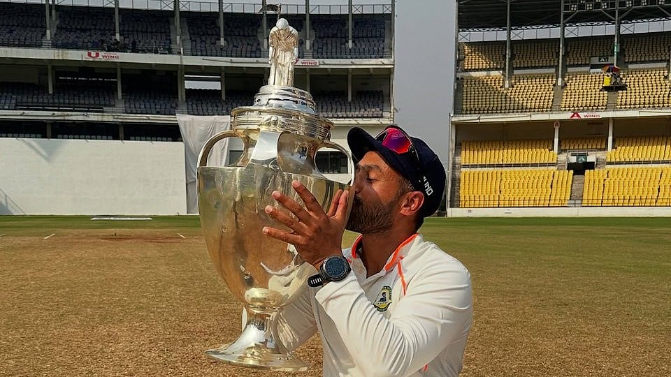 Karun Nair with Ranji Trophy 2024-25 trophy. - Photo: File