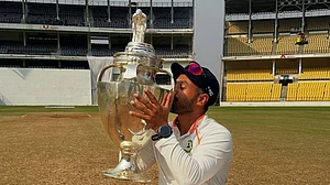 Photo: File : Karun Nair with Ranji Trophy 2024-25 trophy.