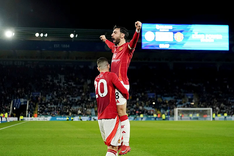 English Premier League Soccer match Leicester City and Manchester United: Bruno Fernandes