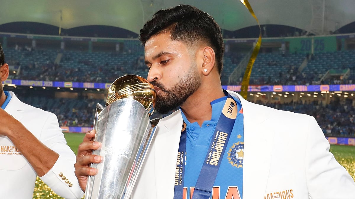 Photo: X | Shreyas Iyer : Indian batter Shreyas Iyer with the ICC Champions Trophy 2025.