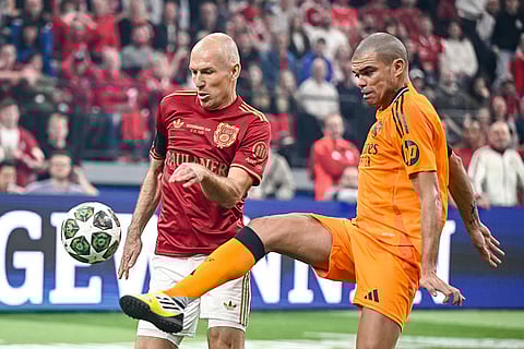 Beckenbauer Cup 2025: Real Madrid's Pepe in action against Bayern Munich's Arjen Robben
