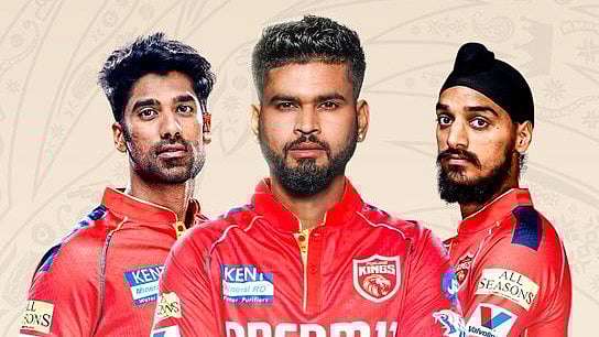 Punjab Kings captain Shreyas Iyer, centre, with Shashank Singh, left, and Arshdeep Singh