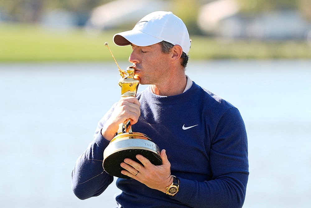 | Photo: AP/Julia Demaree Nikhinson : Players Championship Golf: Rory McIlroy reacts during a trophy ceremony 