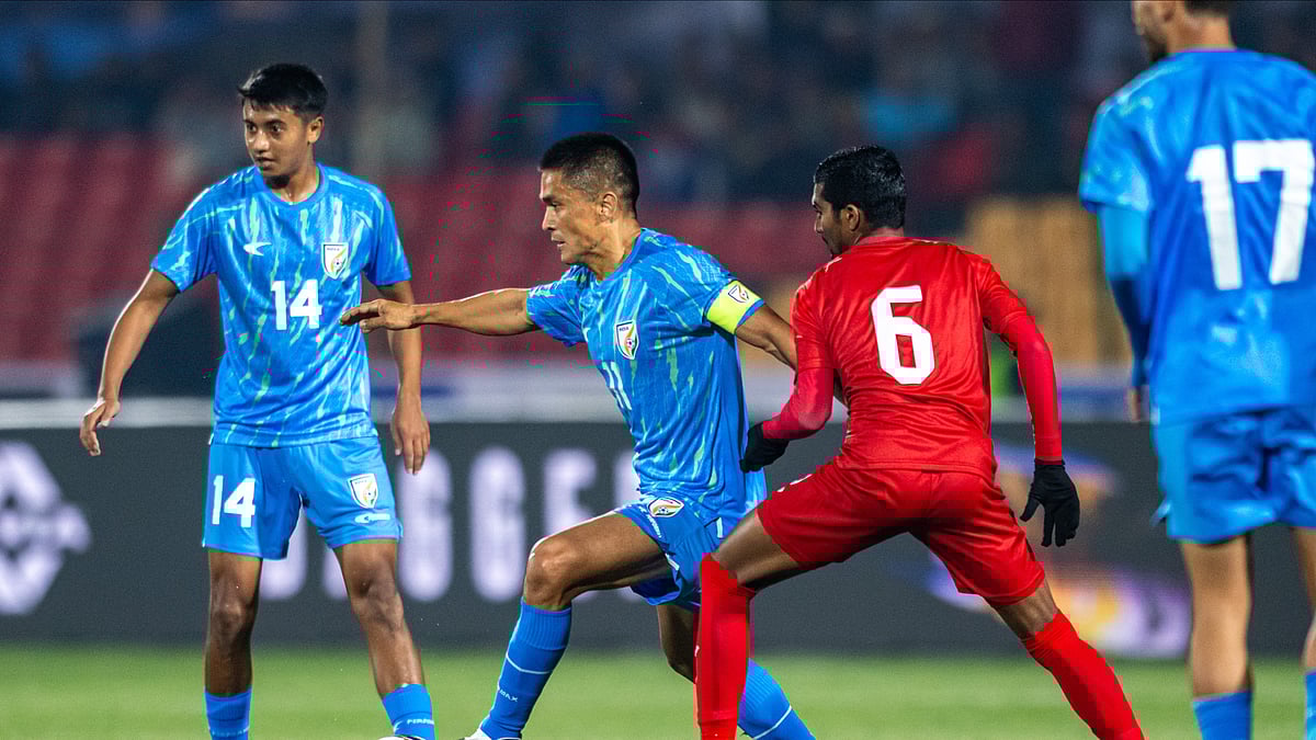 Photo: Special Arrangement : India captain Sunil Chhetri during the International Friendly match against Maldives in Shillong.