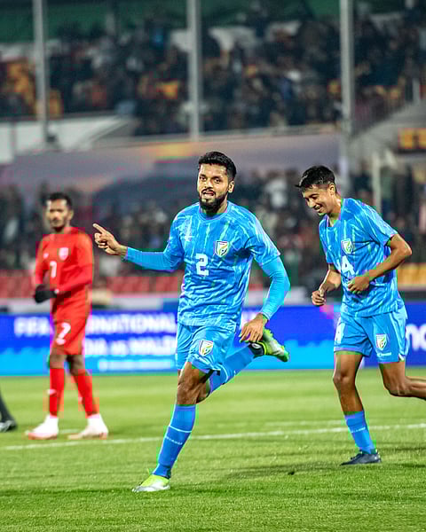 Rahul Bheke after scoring the first goal of the match.