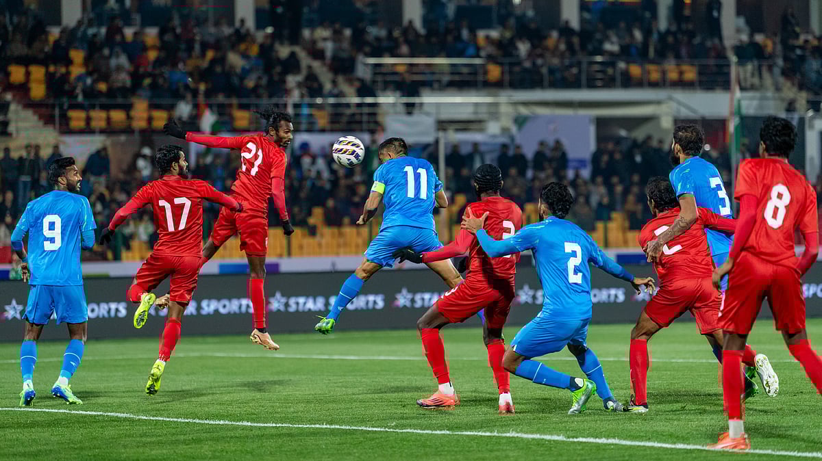 Photo: Special Arrangement : India captain Sunil Chhetri scoring this goal during the International Friendly match against Maldives in Shillong.
