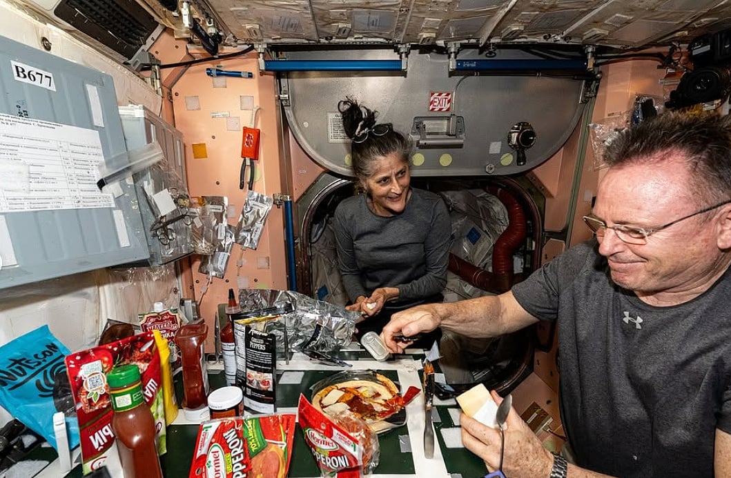 NASA astronauts Sunita Williams and Butch Wilmore eating in space | - International Space Station