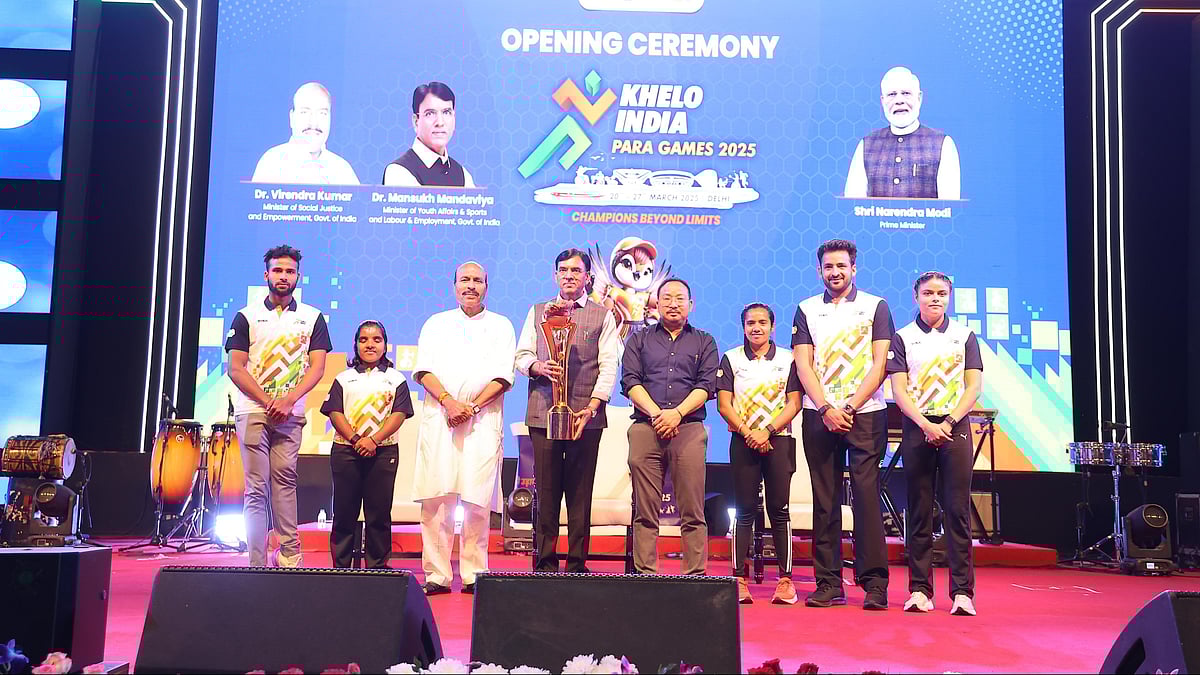 Photo: Special Arrangement : Union Sports Minister Mansukh Mandaviya with athletes and officials during the opening ceremony of the Khelo India Para Games 2025, in New Delhi, Thursday, March 20, 2025.