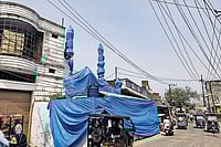 | Photo: PTI : A mosque covered up ahead of the procession in Shahjahanpur, Uttar Pradesh |  REP IMAGE |
