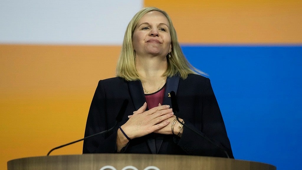 Kirsty Coventry reacts after she was announced as the new IOC President at the International Olympic Committee 144th session in Costa Navarino, western Greece, Thursday, March 20, 2025. -  AP Photo/Thanassis Stavrakis