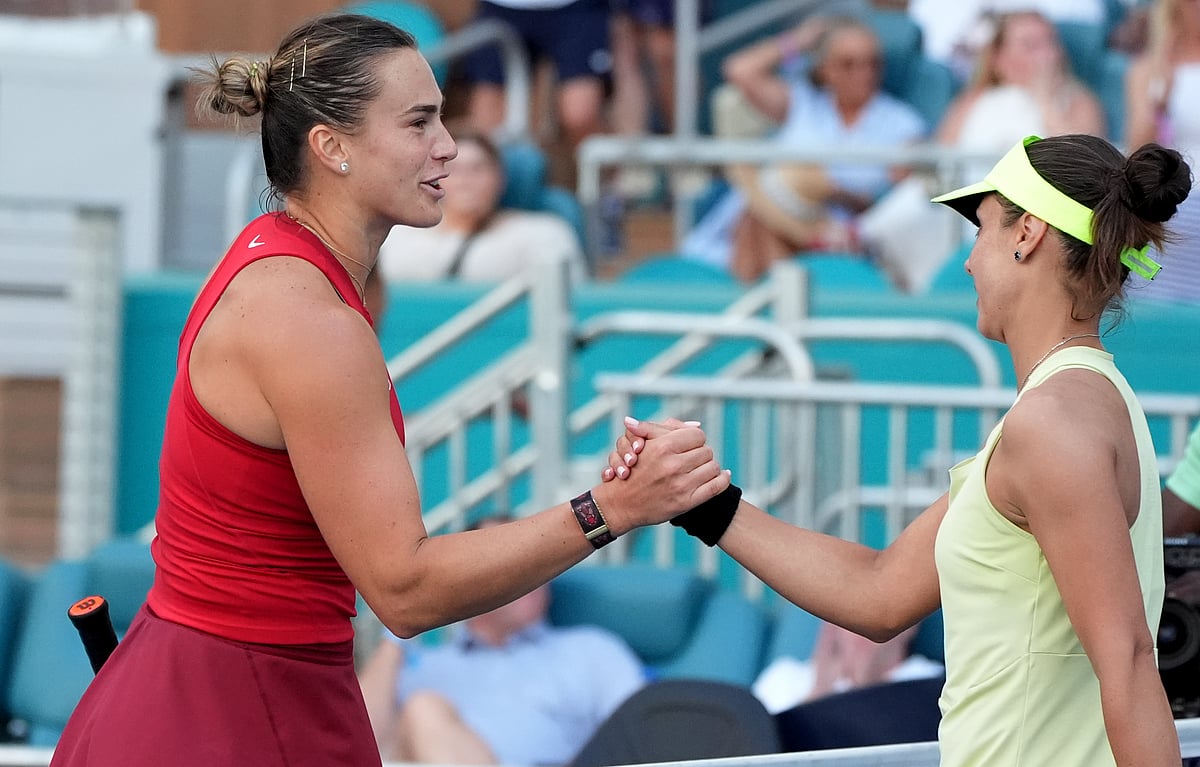 (AP Photo/Lynne Sladky)


 : Aryna Sabalenka, of Belarus, left, shakes hands with Viktoriya Tomova, of Bulgaria, right, after winning their match at the Miami Open tennis tournament, Thursday, March 20, 2025, in Miami Gardens, Fla. 