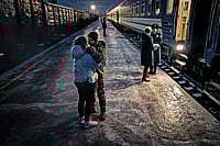 In Ukraine, Russia Broke an 85-Year Taboo | Photo: Getty Images : Pain of Parting: A Ukrainian soldier and his girlfriend say goodbye at a 
train station in Kramatorsk, Ukraine, on December 10, 2023