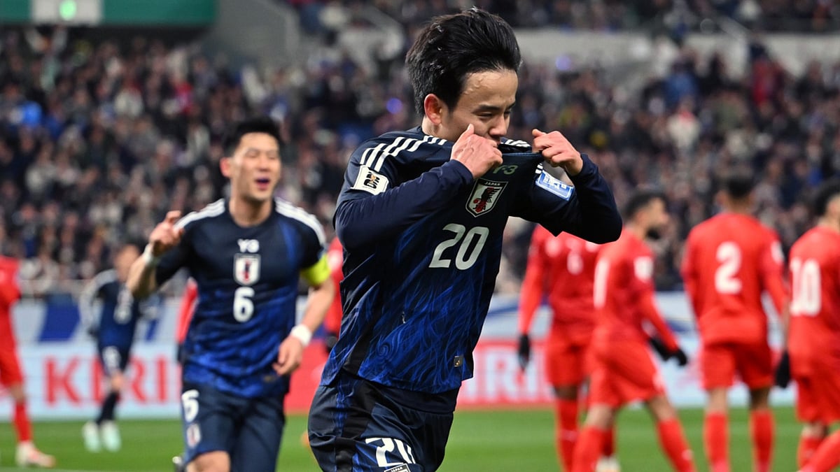 Japan's Kubo celebrates his goal against Bahrain