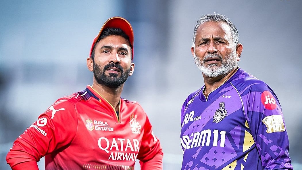 X | Kolkata Knight Riders : Royal Challengers Bengaluru coach Dinesh Karthik (first from left) and KKR coach Chandrakant Pandit.