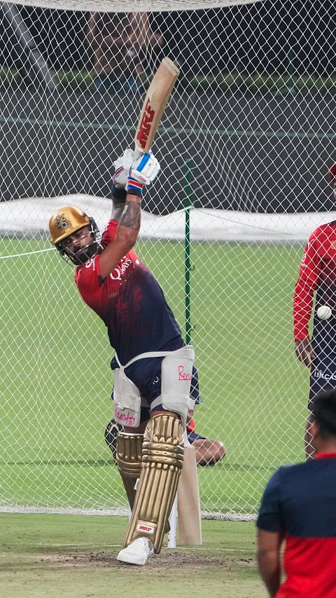 Virat Kohli of Royal Challengers Bengaluru hits the nets at Eden Gardens in Kolkata, West Bengal on March 20, 2025.
