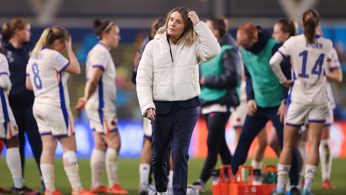 Sonia Bompastor pictured after Chelsea's defeat in the Champions League - null