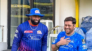 Photo: X | Chennai Super Kings : MS Dhoni with Keiron Pollard at MA Chidambaram Stadium.