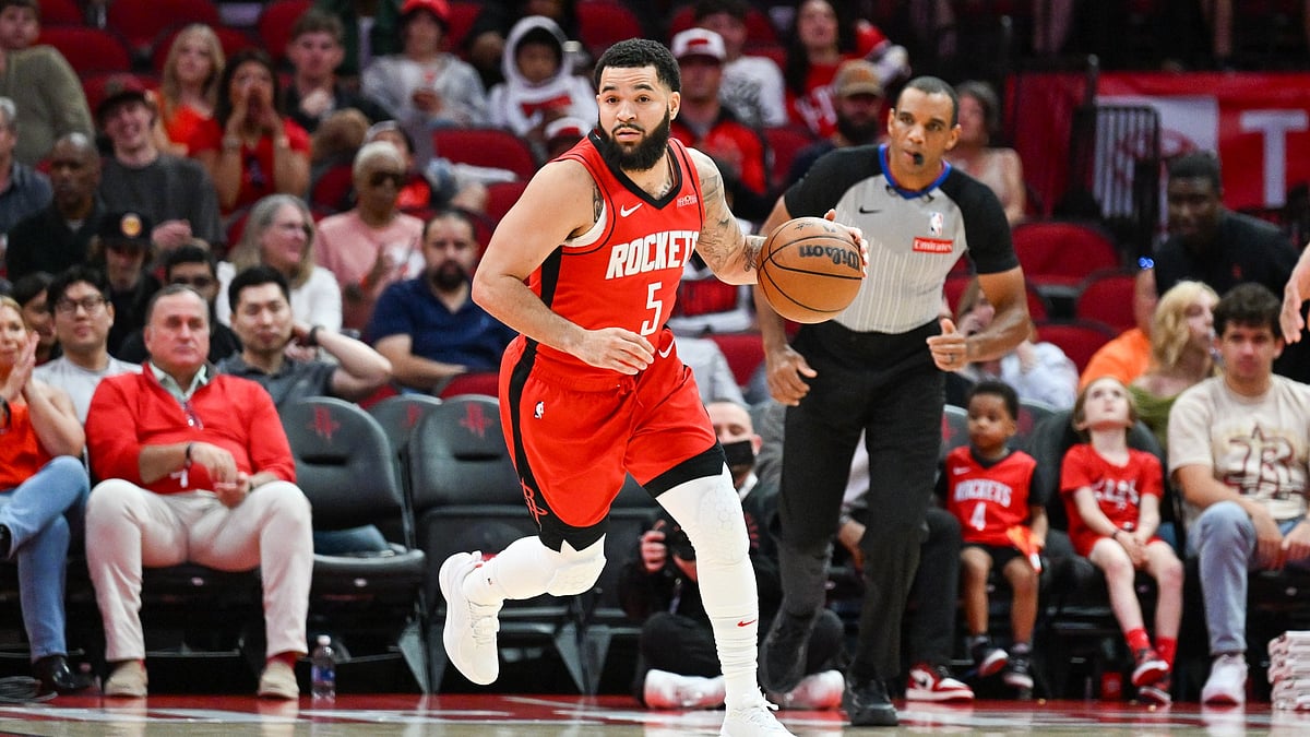 Fred VanVleet #5 of the Houston Rockets brings the ball up the court against the Chicago Bulls during the first half at Toyota Center on March 15, 2025 in Houston, Texas.